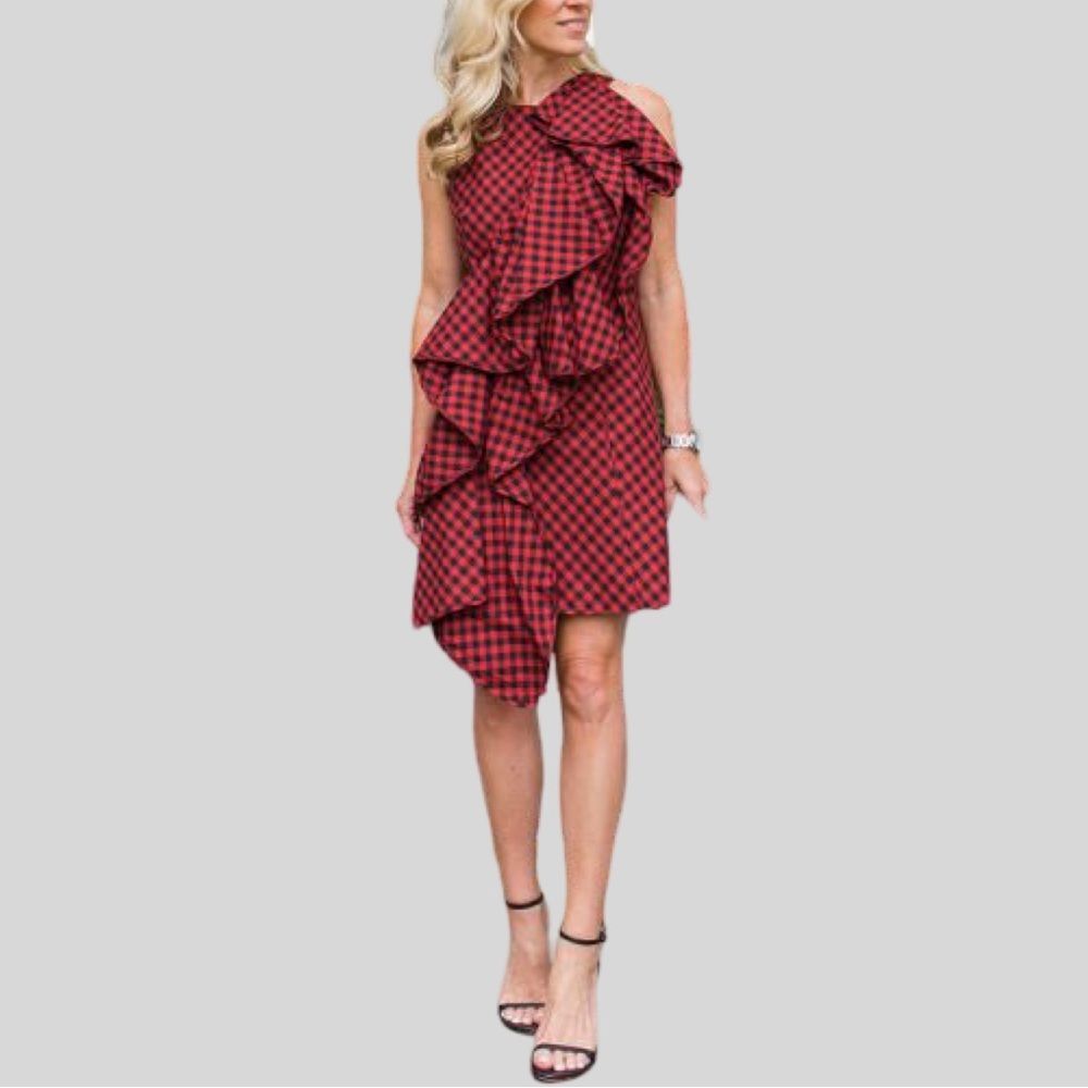 Petersyn Ariana Arona Ruffle Asymmetrical Dress in Black/Red Gingham | Size XS
